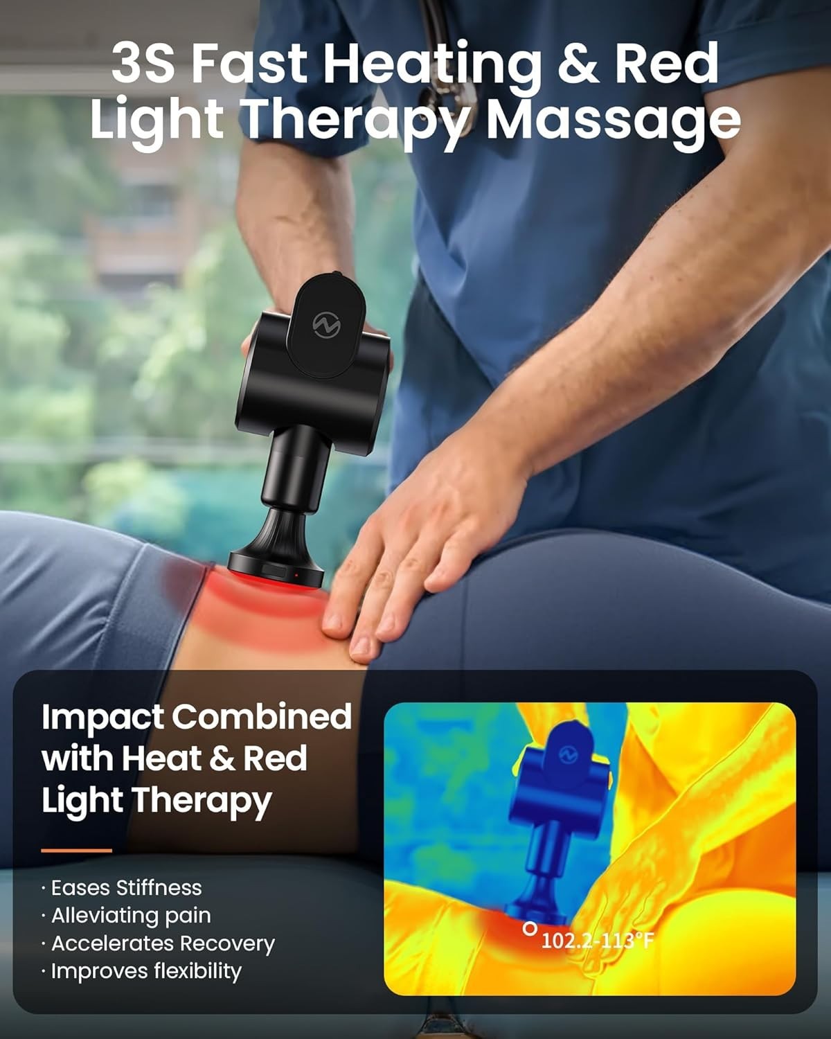 Deep Tissue Massage Gun with Heat Red Light Long Handle 32 Speeds Pain Relief