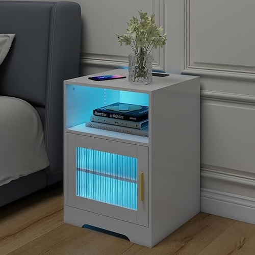 LED Bedside Table with Charging Ports, White Nightstand with Shelf