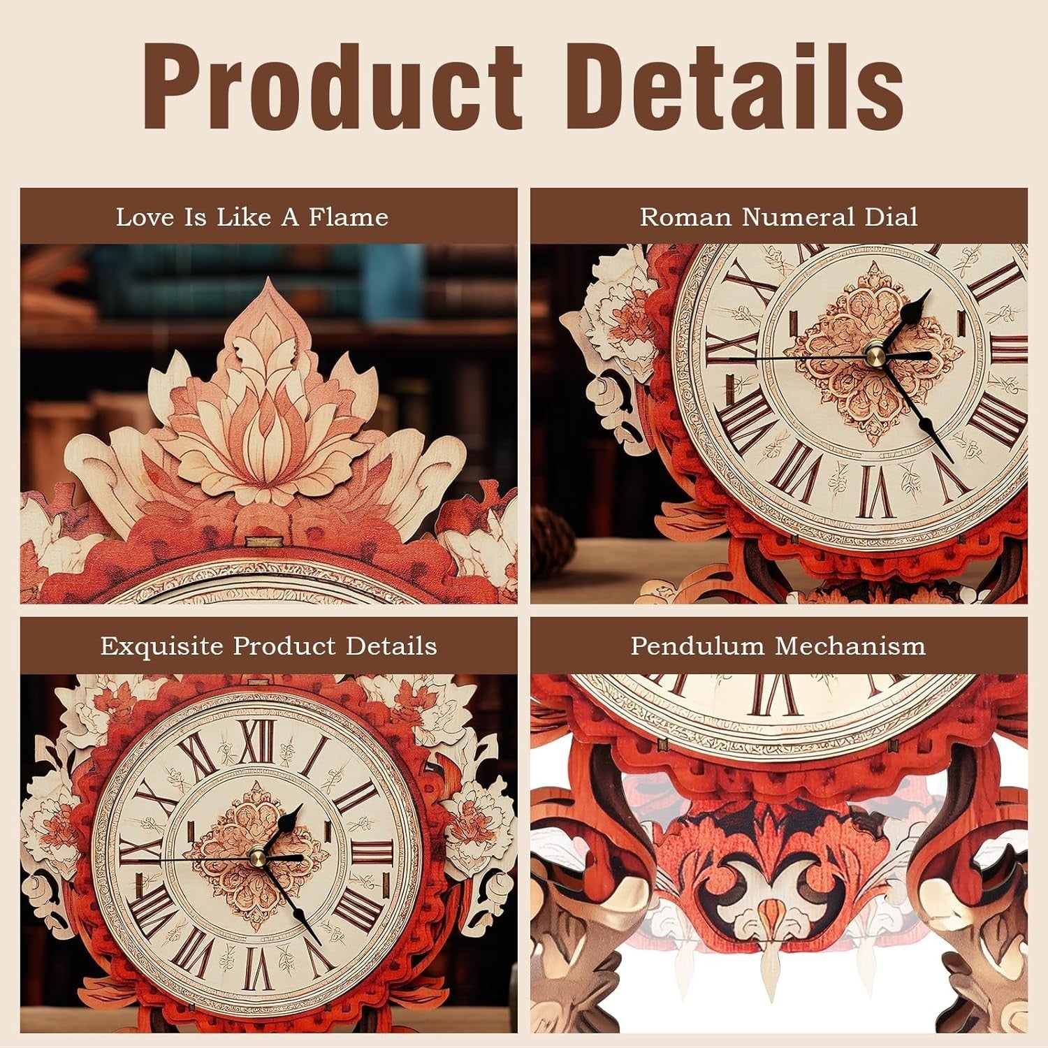 Mechanical Wooden Flame Flower Wall Clock 3D Puzzle DIY Craft Gift