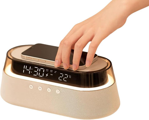 Light Beige 6-in-1 Wireless Charging Station Bluetooth Speaker Alarm Clock