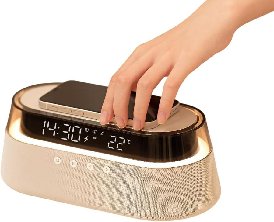 Light Beige 6-in-1 Wireless Charging Station Bluetooth Speaker Alarm Clock