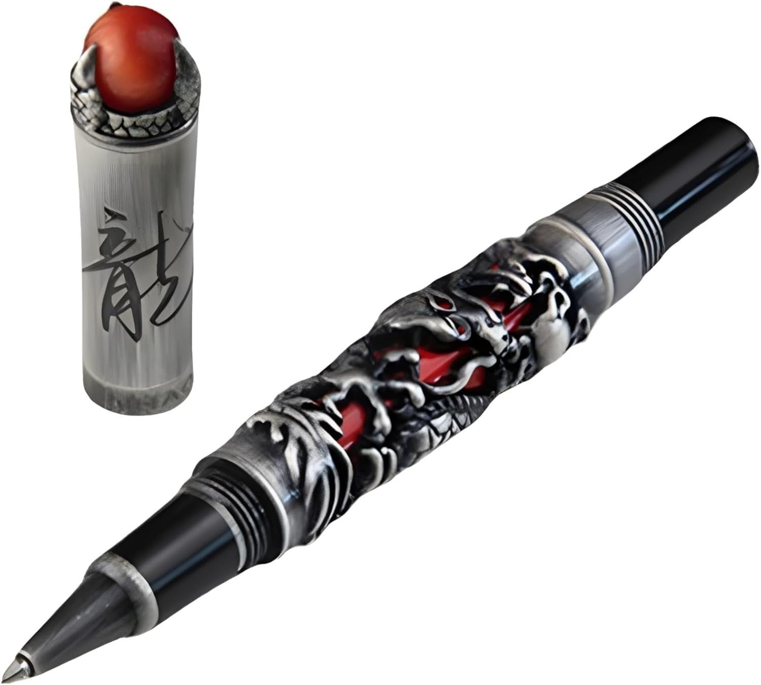 Dragon Fountain Pen Red Grey Metal Luxury Carved Smooth Writing Gift
