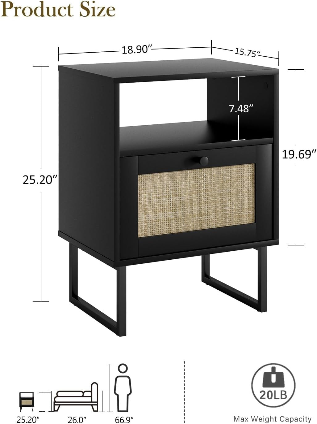 Luxury Rattan Bedside Table with Drawer Black Oak Nightstand XL Boho Style
