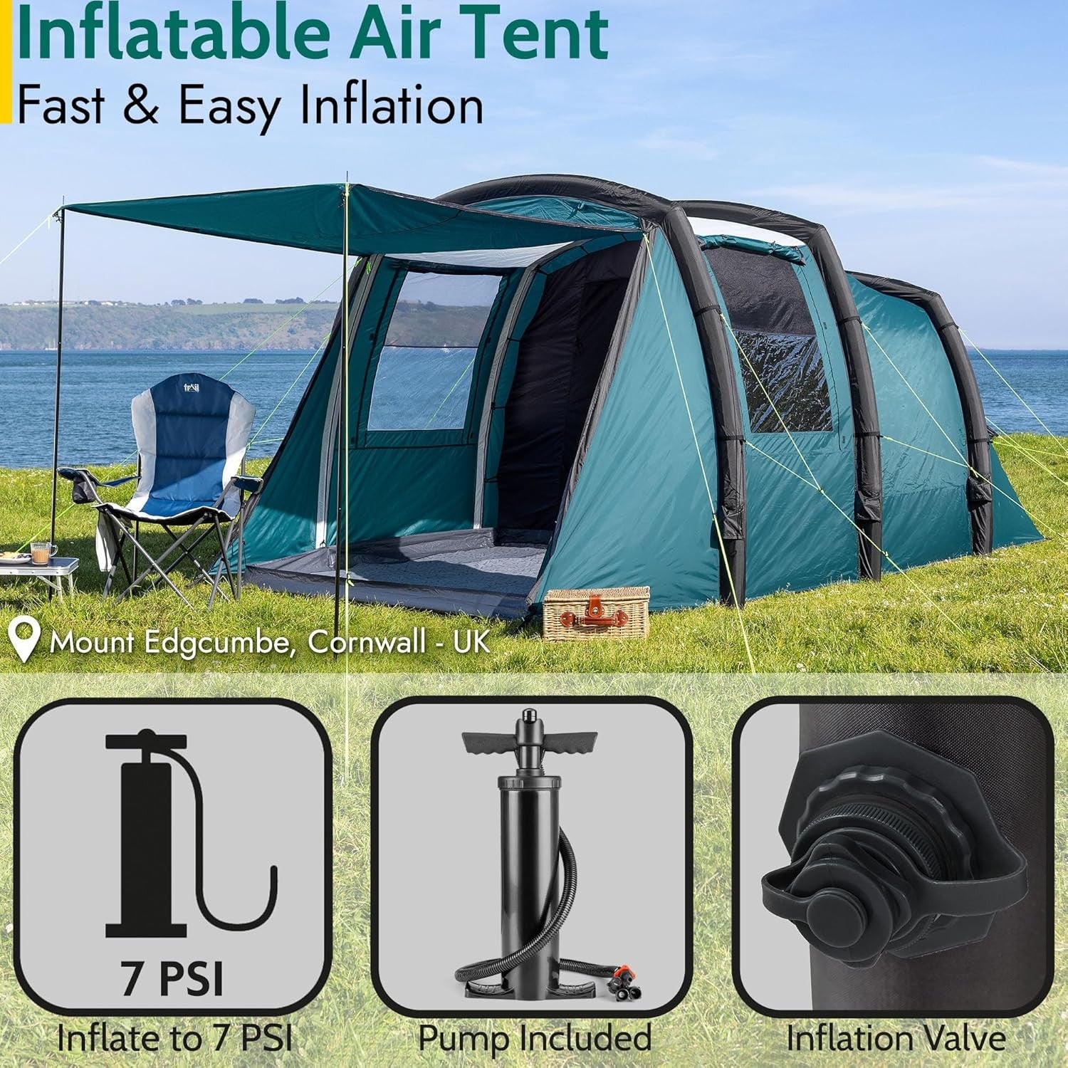 4 Man Inflatable Air Tent 5000mm Waterproof Tunnel Dark Zone