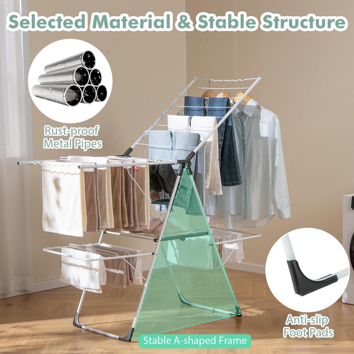 Foldable Clothes Drying Rack 2 Tier Freestanding Airer 33 Rails Adjustable