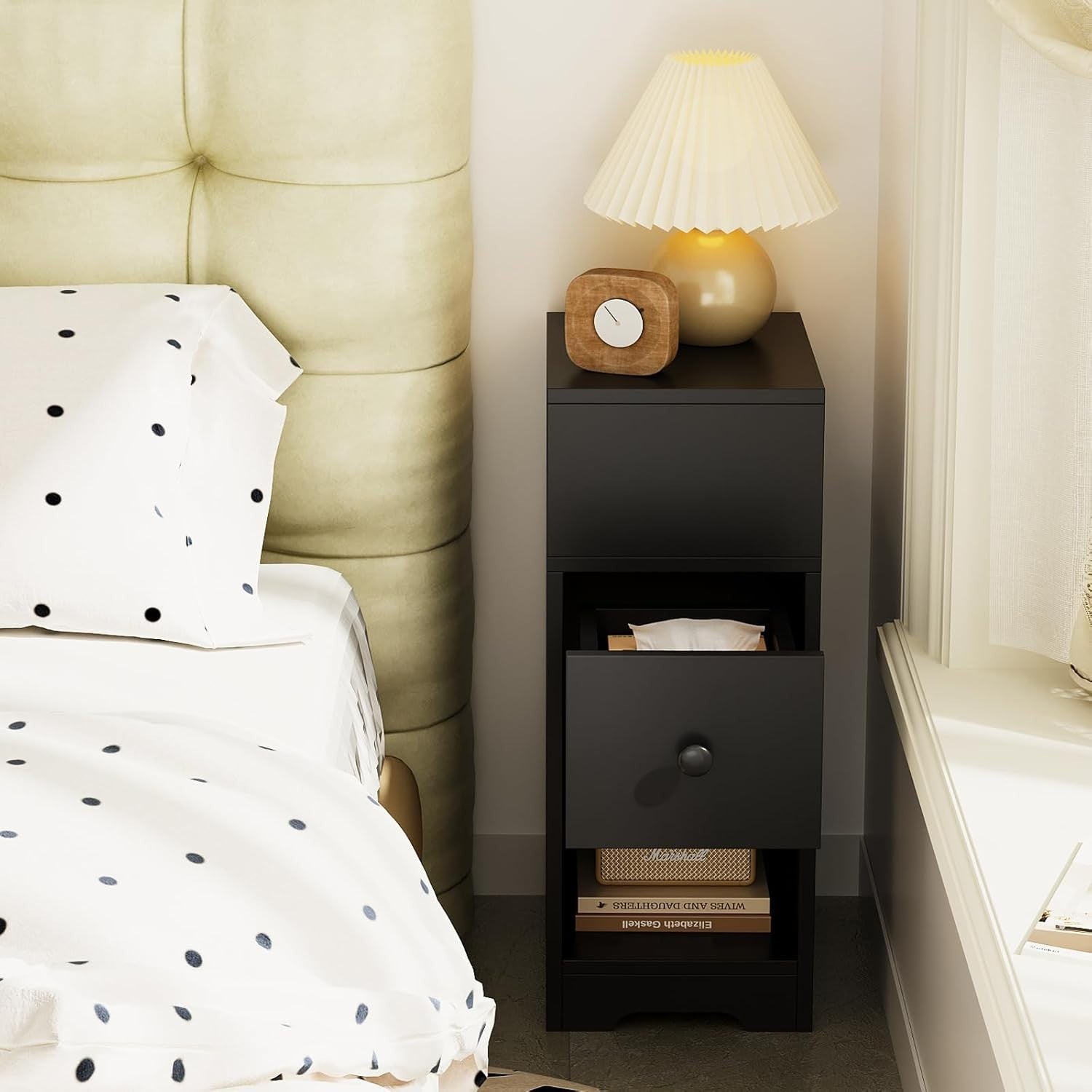 Set of 2 Slim Black Bedside Tables with Drawer & Shelves | Modern