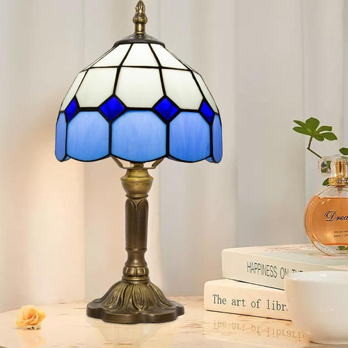 Blue Tiffany Style Stained Glass Table Lamp, 3-Color Dimmable E27 Bulb