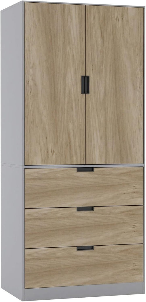 Tall Grey 2 Door Wardrobe with Drawers & Rail for Modern Bedroom Storage