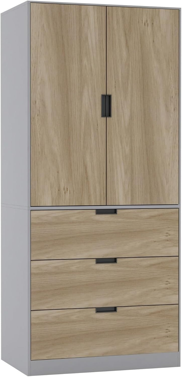 Tall Grey 2 Door Wardrobe with Drawers & Rail for Modern Bedroom Storage