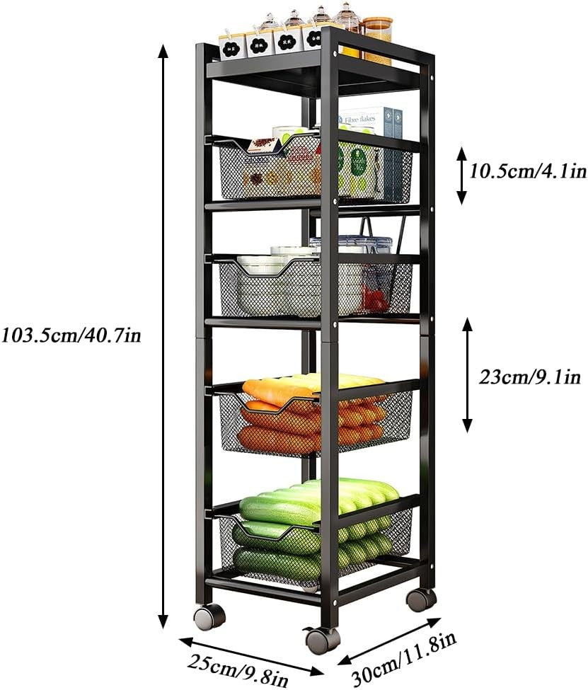 5 Tier Slim Kitchen Storage Trolley on Wheels Narrow Metal Basket Rack