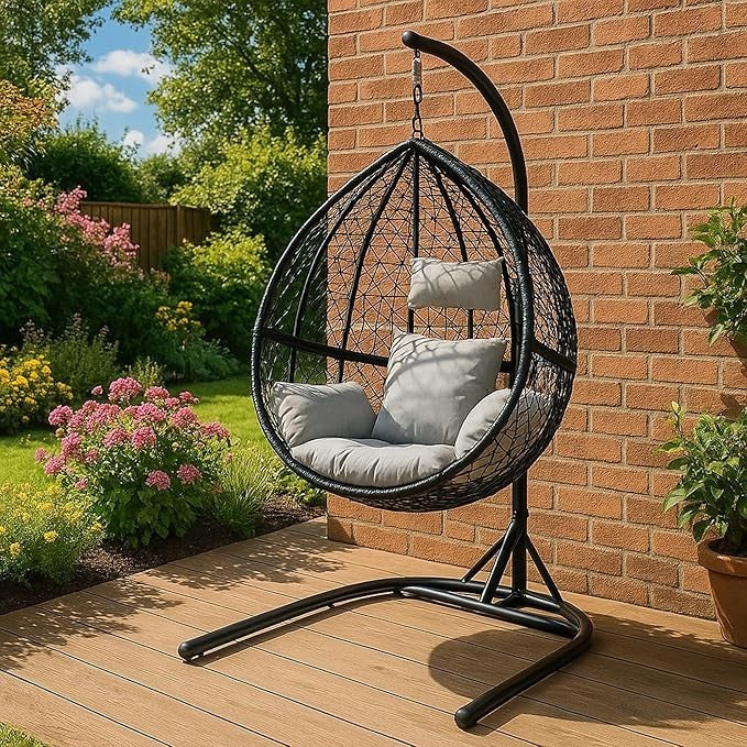Hanging Egg Chairs x2 Black Rattan Swing with Cushions Indoor Outdoor Patio
