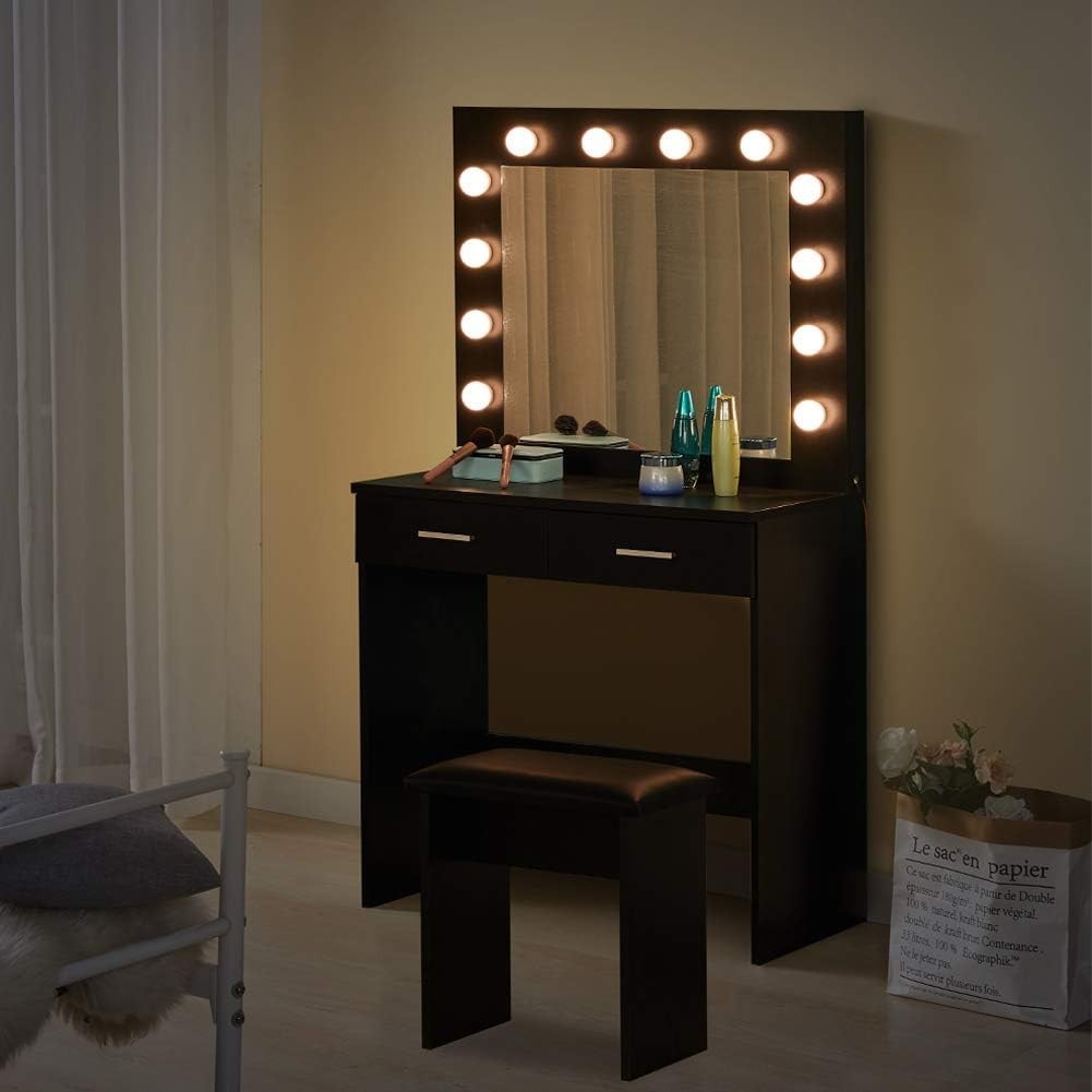 Black Dressing Table Vanity LED Hollywood Mirror Stool Storage Drawers Desk