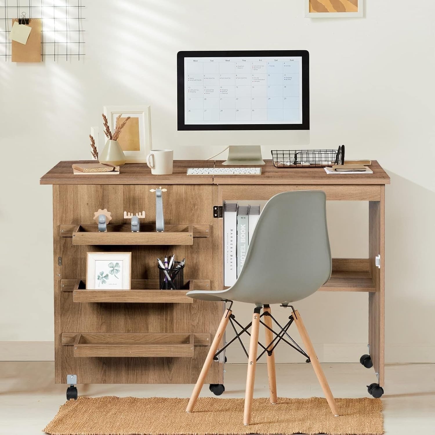 Folding Sewing Table 117cm Mobile Craft Desk with Shelves & Wheels Natural