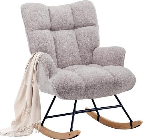 Rocking Chair Nursery Glider Comfy Armchair High Back Padded Seat Grey Teddy