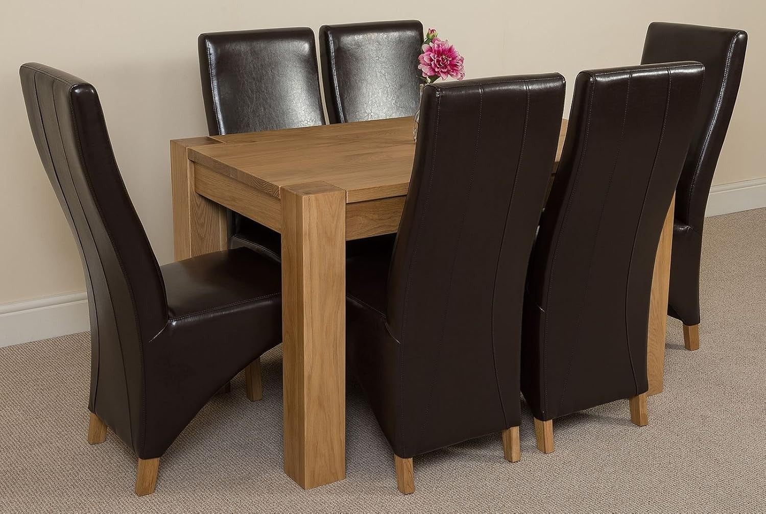 Oak Dining Table Set 6 Brown Leather Chairs Small Solid Wood Kitchen