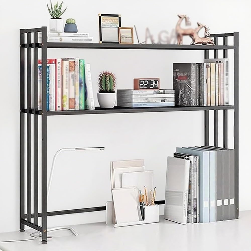 2-Tier Metal Desk Hutch Monitor Stand | Adjustable Desktop Bookshelf 55×26×90cm
