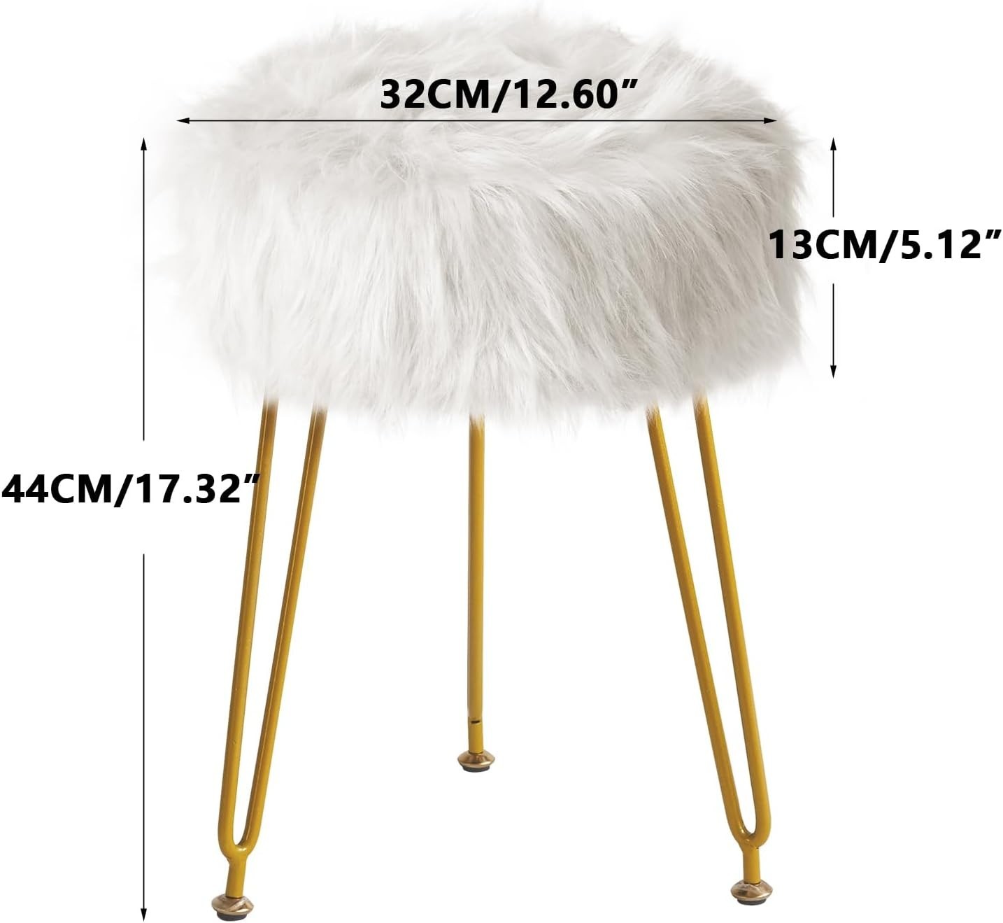 White Faux Fur Vanity Stool with Storage – Round Makeup Ottoman with Metal Legs