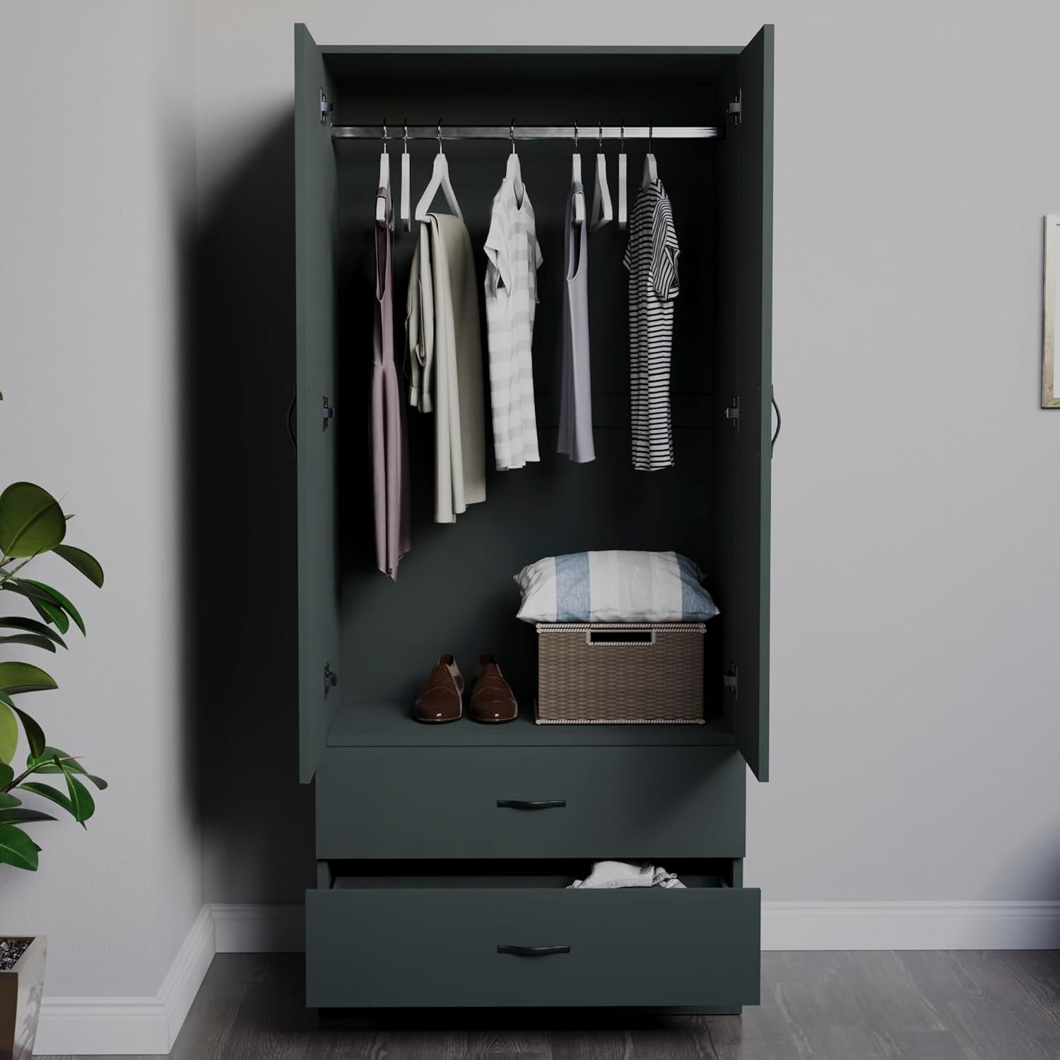 Double Door Wardrobe with 2 Drawers, Hanging Rail & Top Shelf Storage