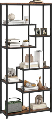 7-Tier Rustic Brown & Black Bookcase | Industrial Geometric Display Shelf Unit