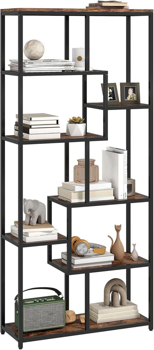 7-Tier Rustic Brown & Black Bookcase | Industrial Geometric Display Shelf Unit