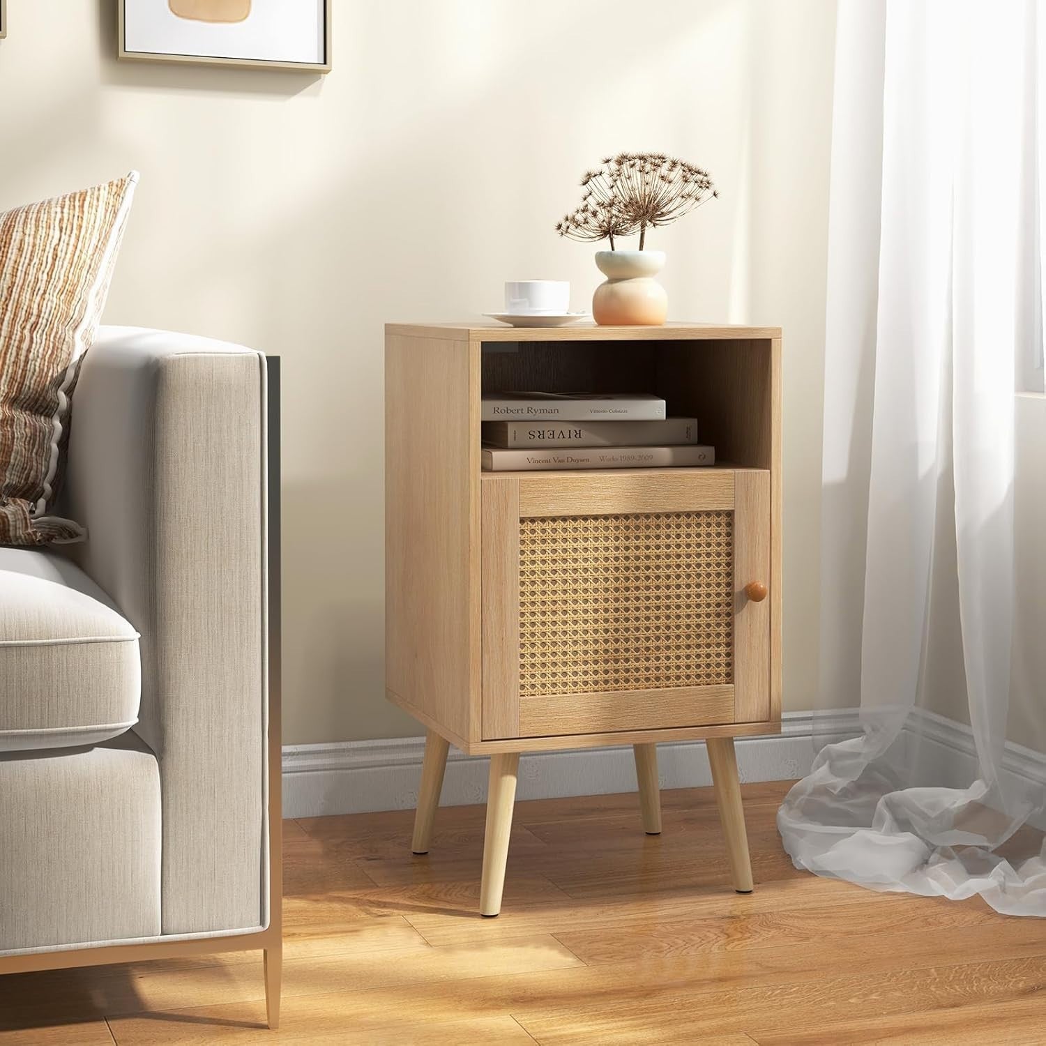 Set of 2 Natural Wood Bedside Tables with Rattan Door & Shelf