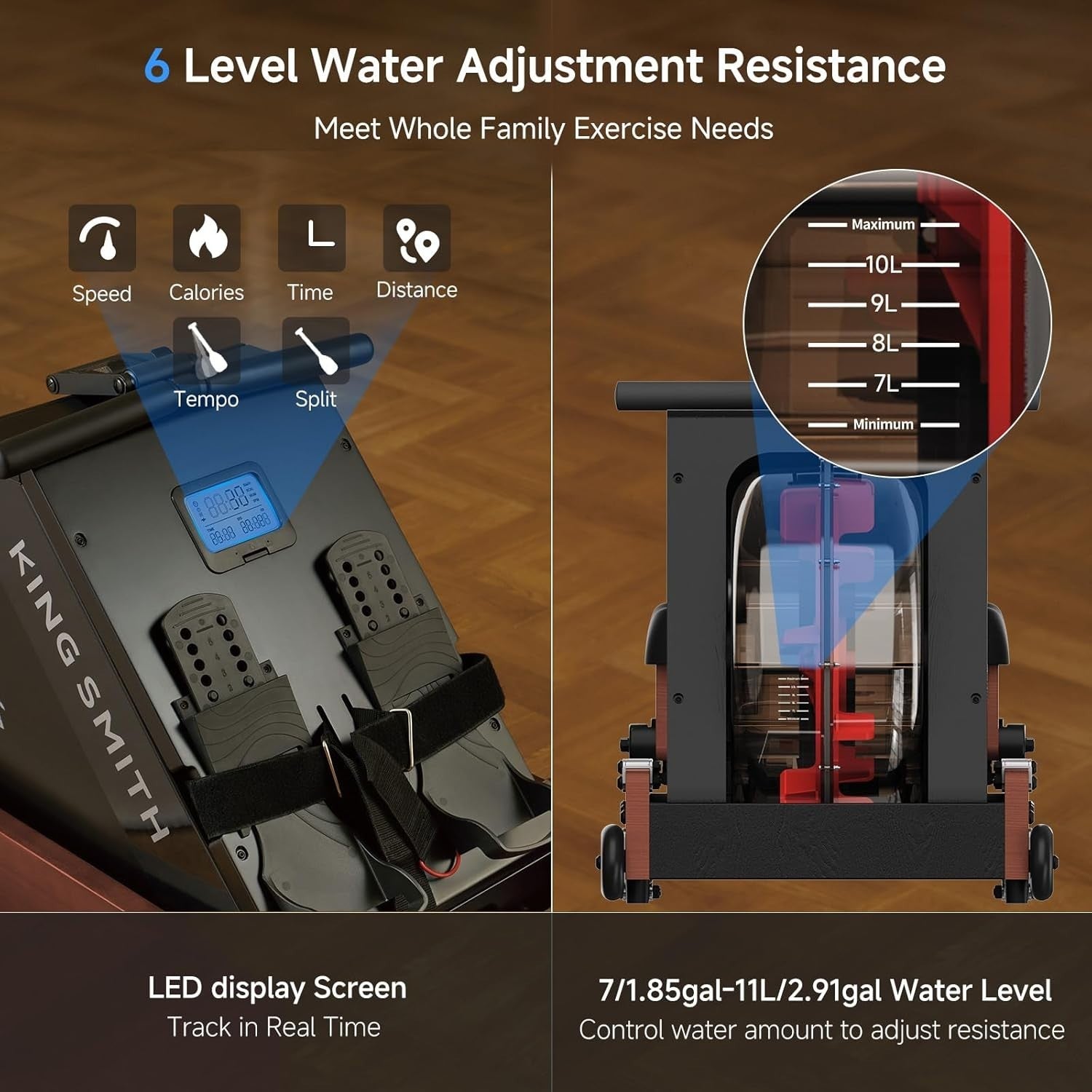 Triple-Fold Water Rowing Machine 6-Level Resistance LED App Rower 150KG Red Oak