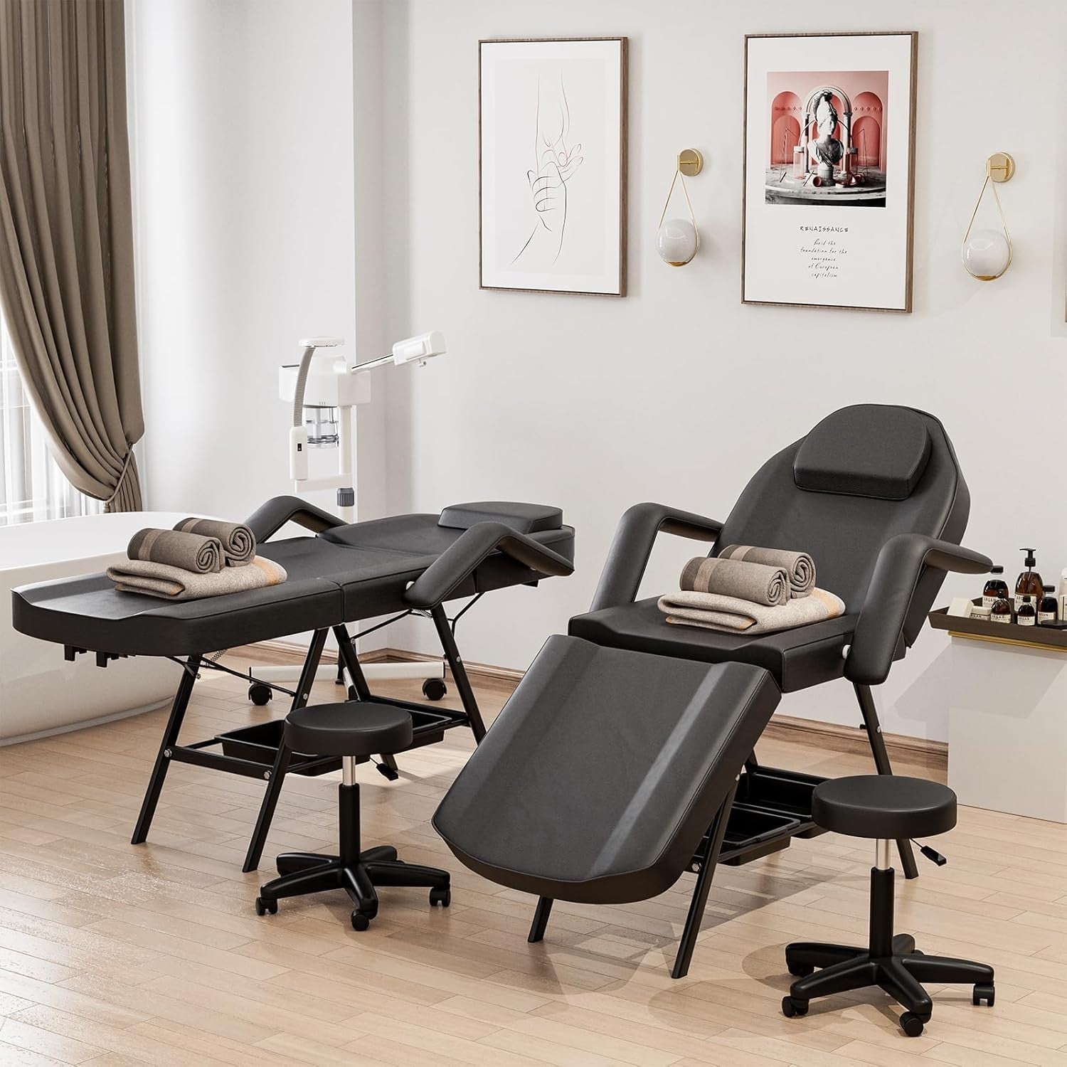 Adjustable 3-Section Beauty Massage Bed w/ Stool & Storage Shelves Black
