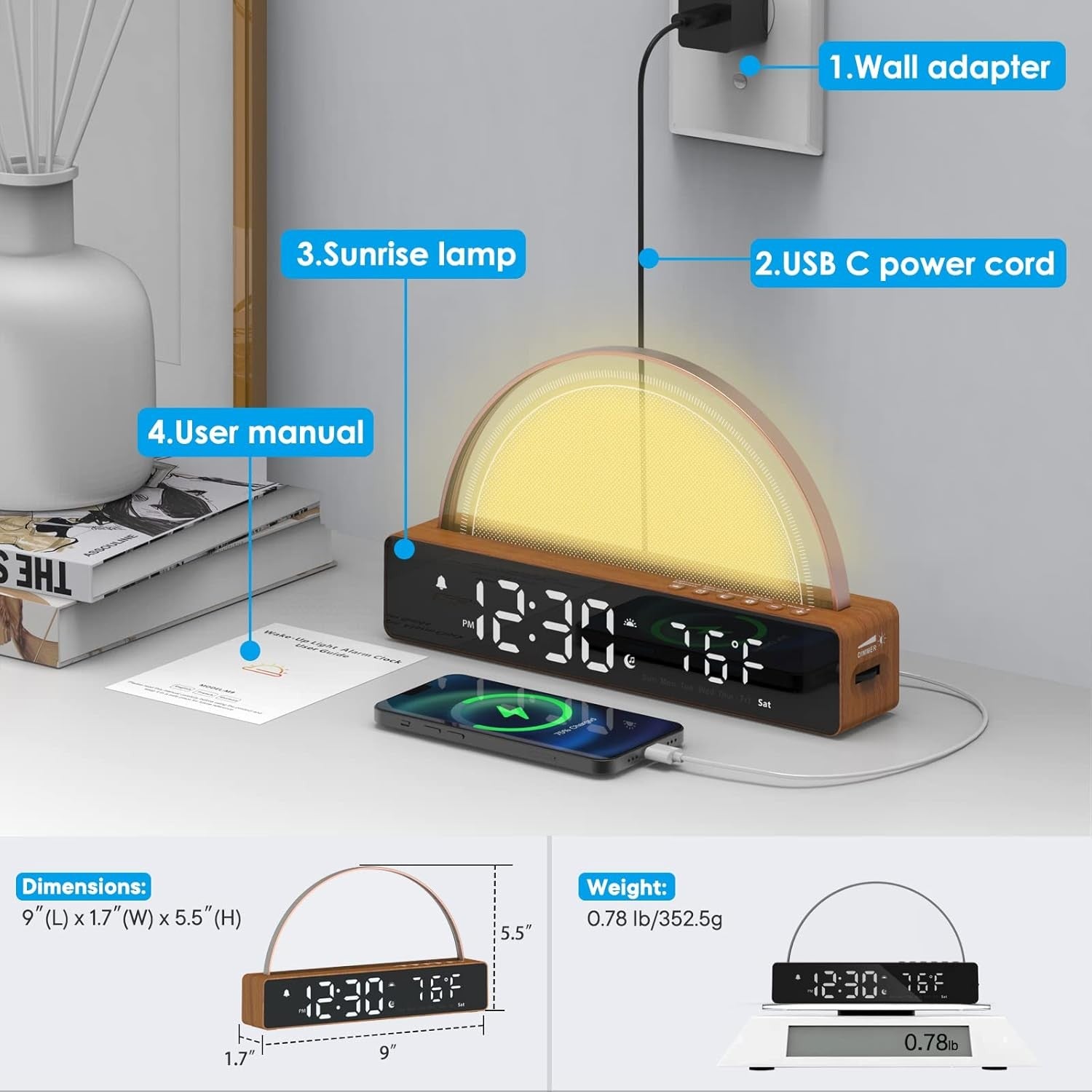Sunrise Alarm Clock Wake Up Light Dawn Simulator USB Charger Night Lamp