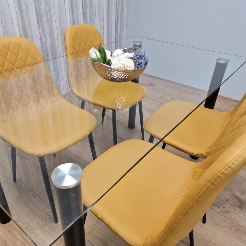 Glass Dining Table Set with 4 Mustard Faux Leather Chairs for Kitchen
