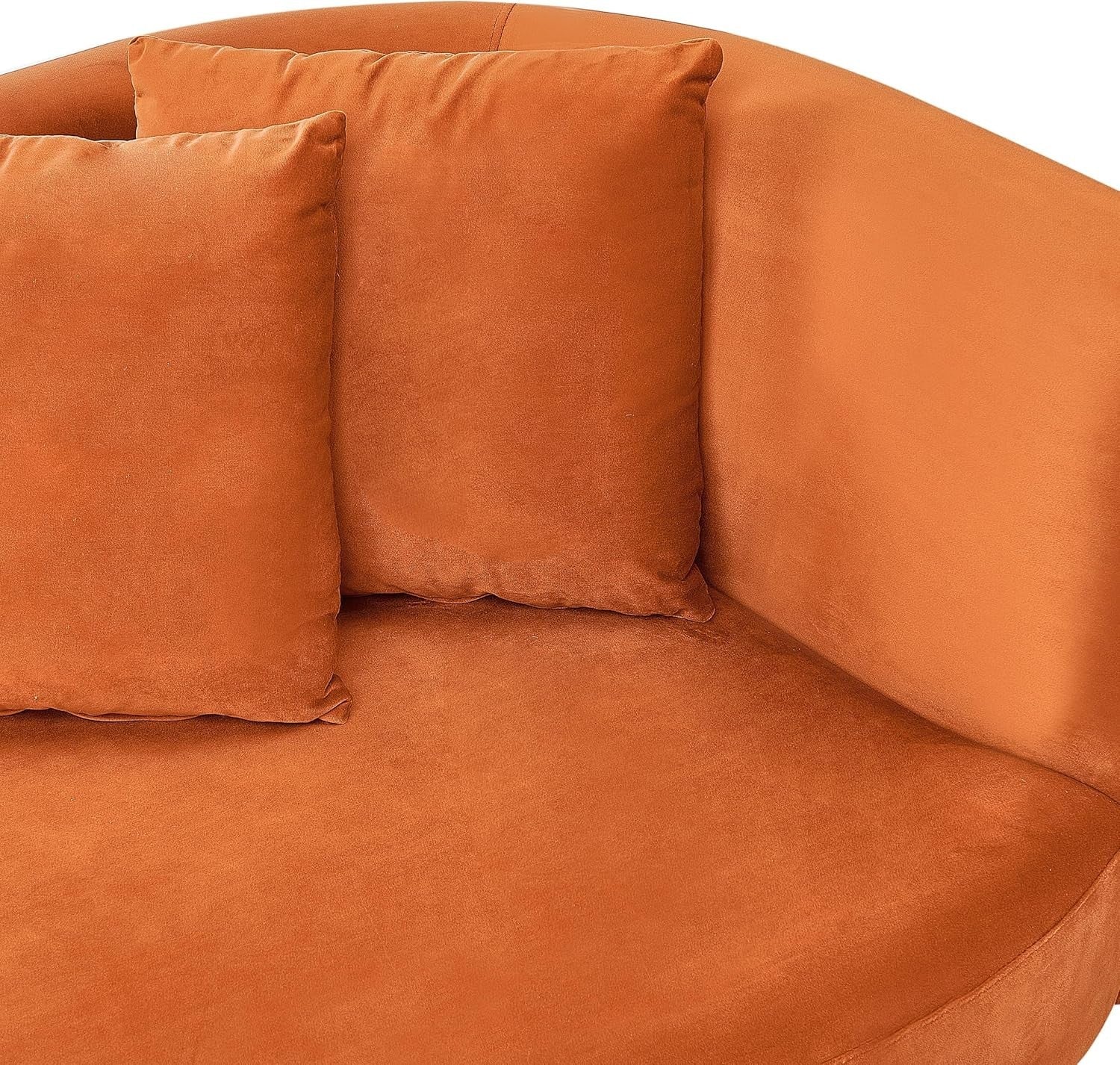 Right Hand Velvet Chaise Lounge Orange with Dark Wood Legs & Throw Pillows