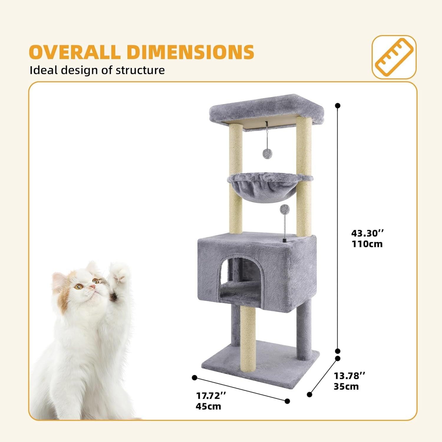 110cm Cat Tree Tower Condo Hammock Sisal Scratching Posts Small Spaces
