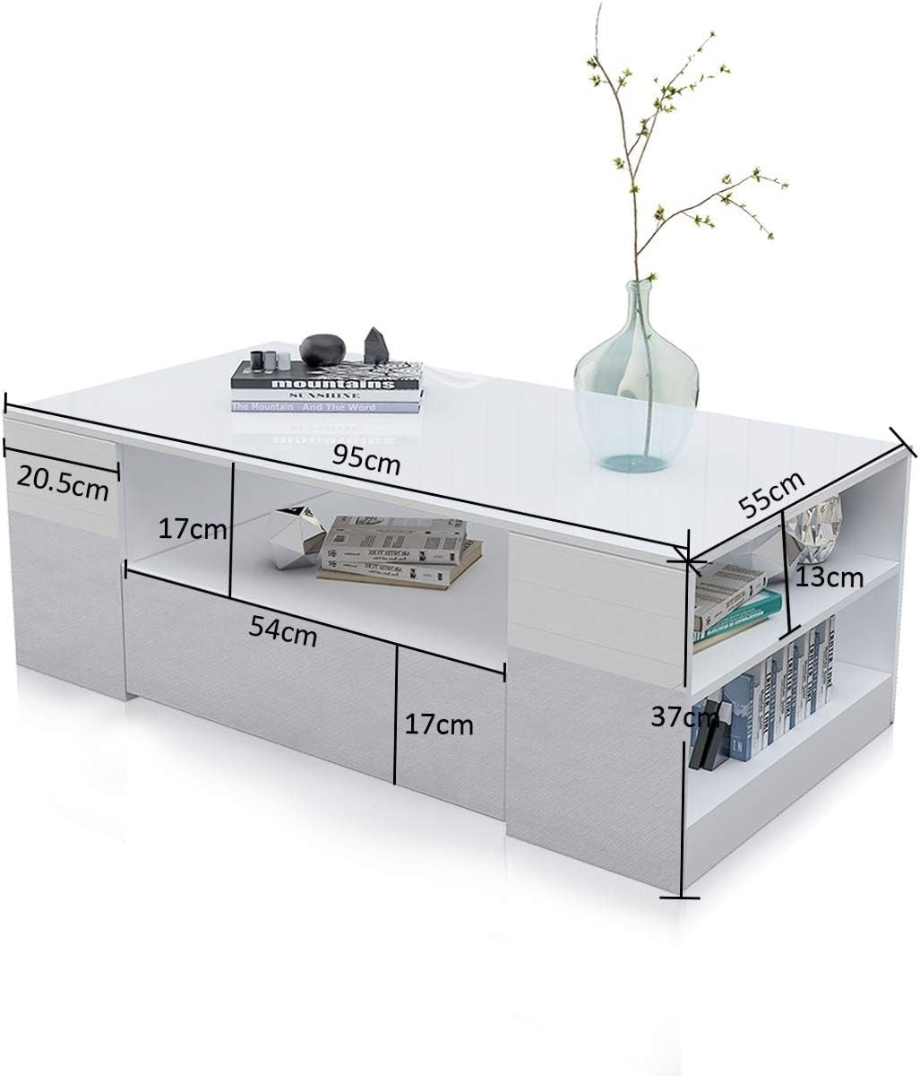 Modern White Gloss Coffee Table with Storage Shelf – Durable 95x55x37cm