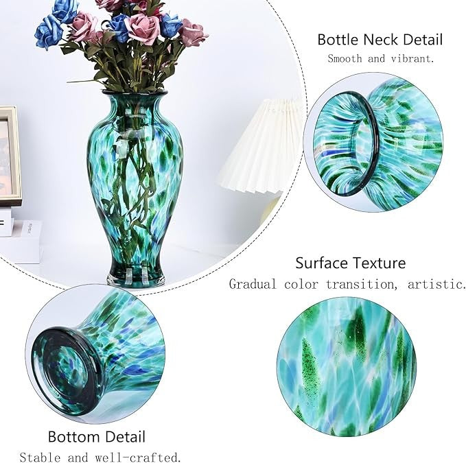 Hand Blown Glass Vase Tall 30cm Turquoise Art Flower Vase Table Centerpiece