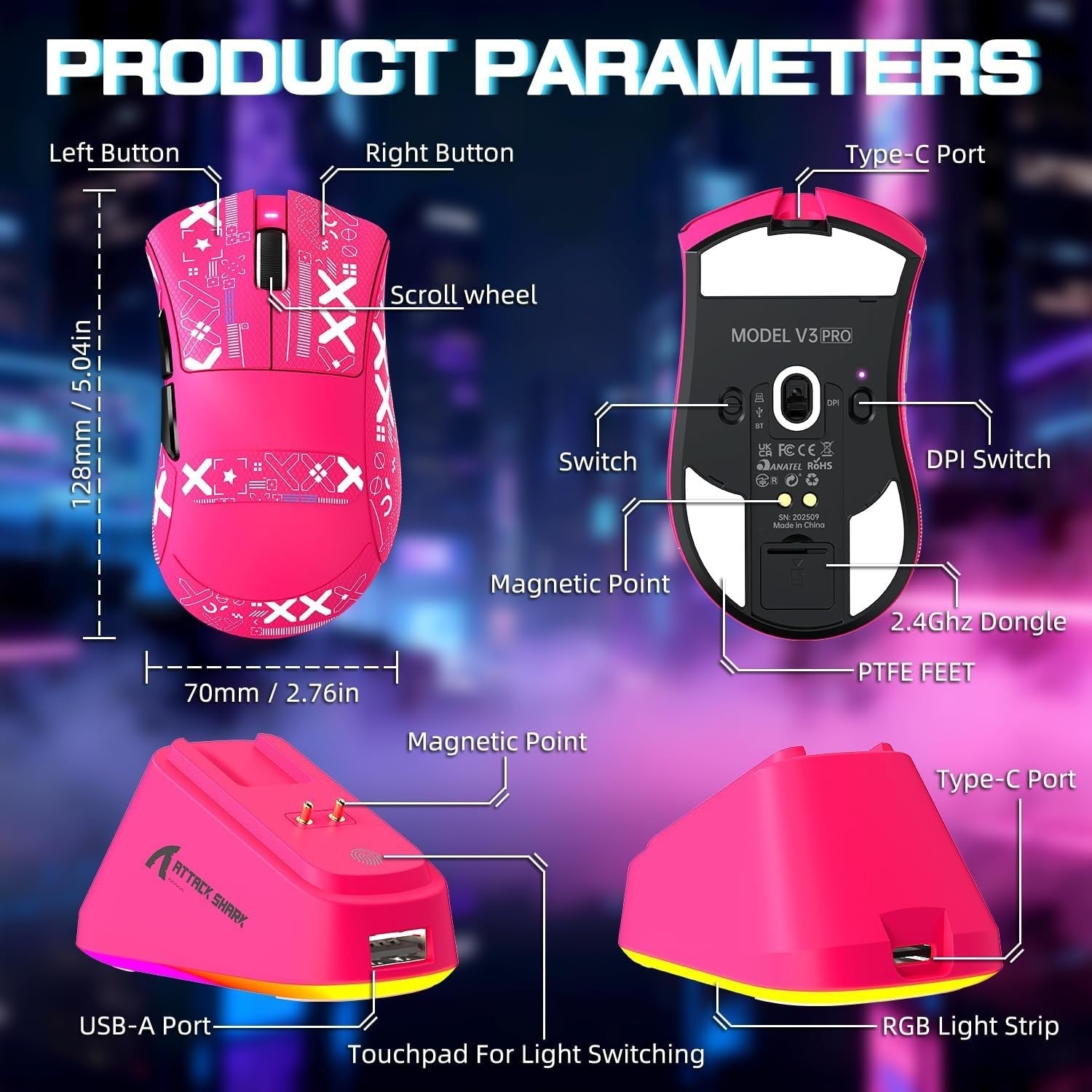 Wireless Gaming Mouse 25000 DPI 65g RGB Dock 2.4G Bluetooth Pink