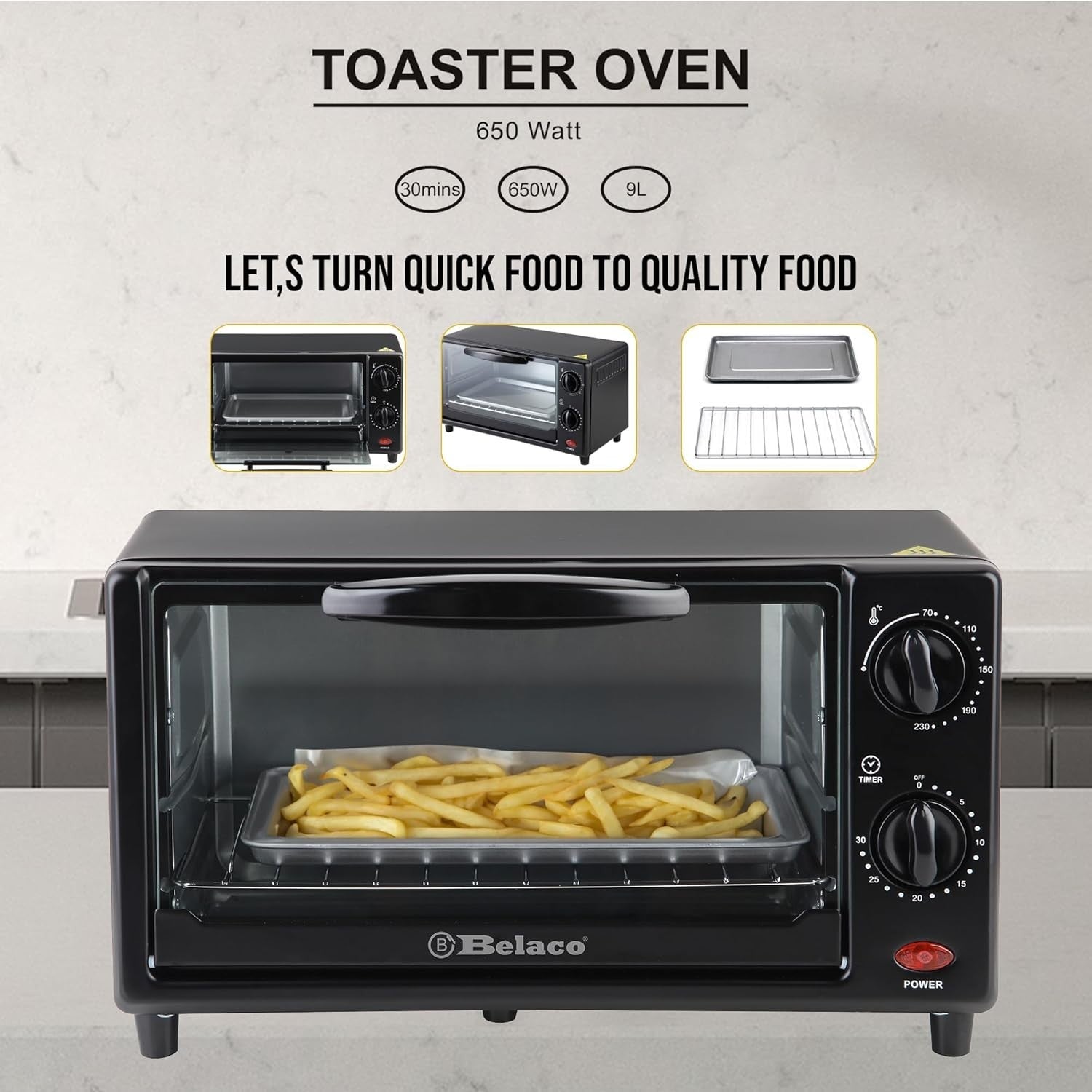 Compact 9L Toaster Oven 650W Adjustable Temp 100-250°C Baking & Toasting