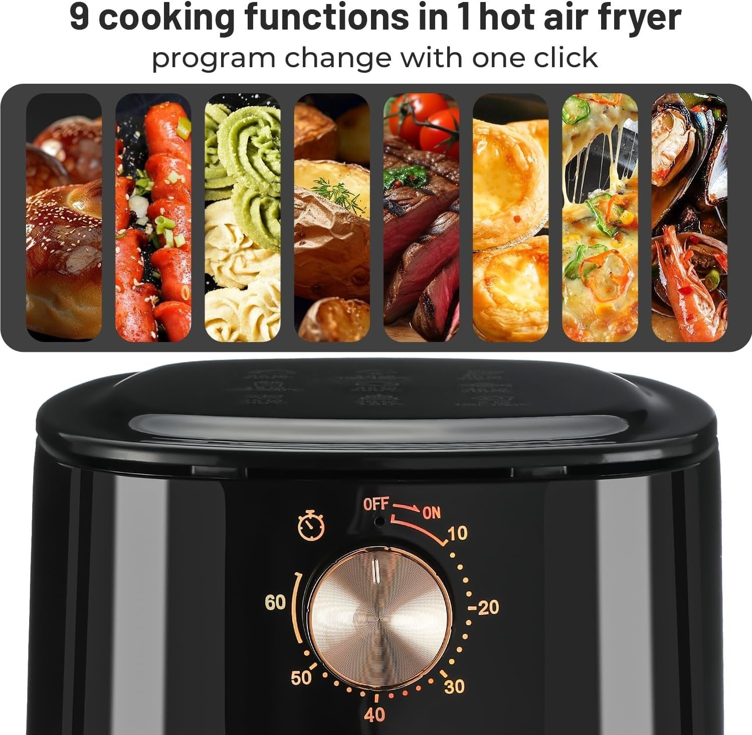 4L Air Fryer 1800W Rapid Air 60min Timer 200°C 9in1 Knob Dishwasher Safe