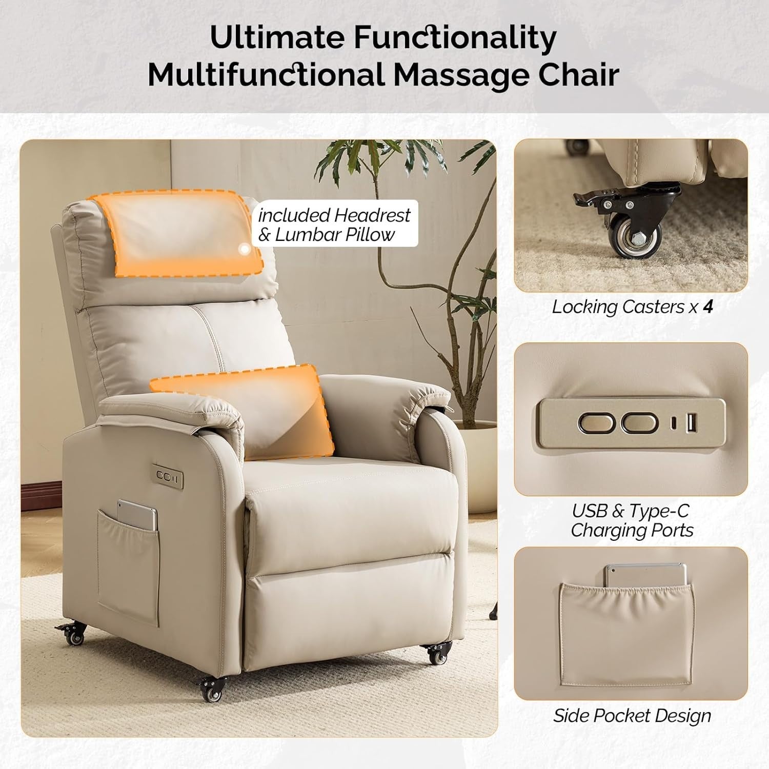 Electric Recliner Chair w/ Wheels Massage Heat Back Footrest Leather Pearl Grey