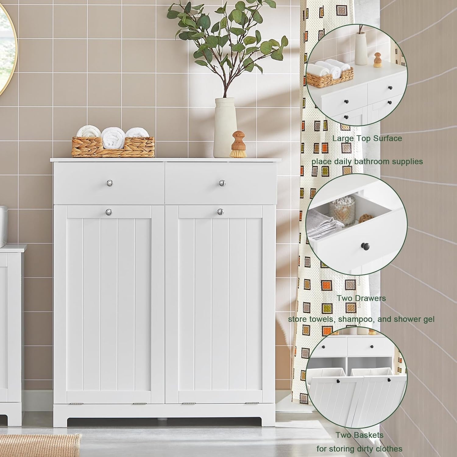 Bathroom Laundry Cabinet Storage Unit with Drawers & Baskets White MDF
