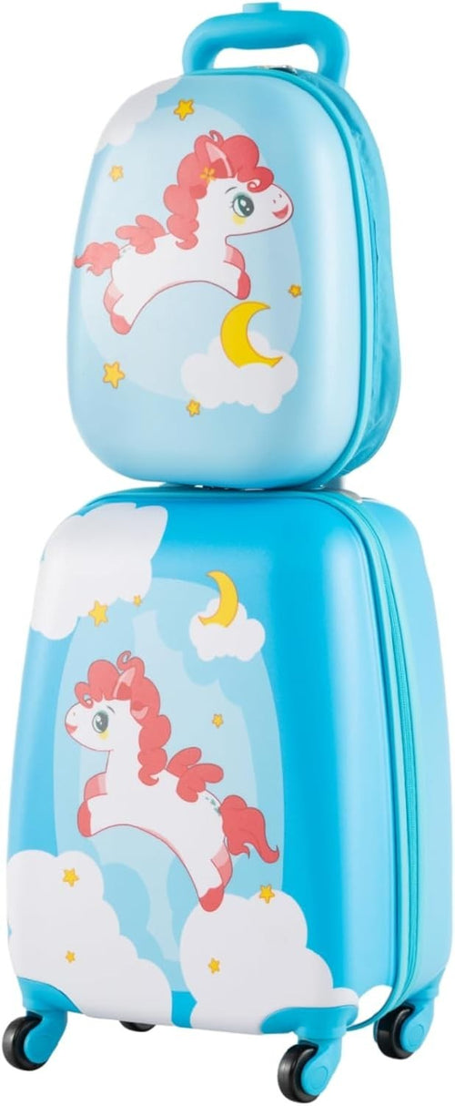 Orange Unicorn Kids Trolley Suitcase 16” Carry On + Backpack Set