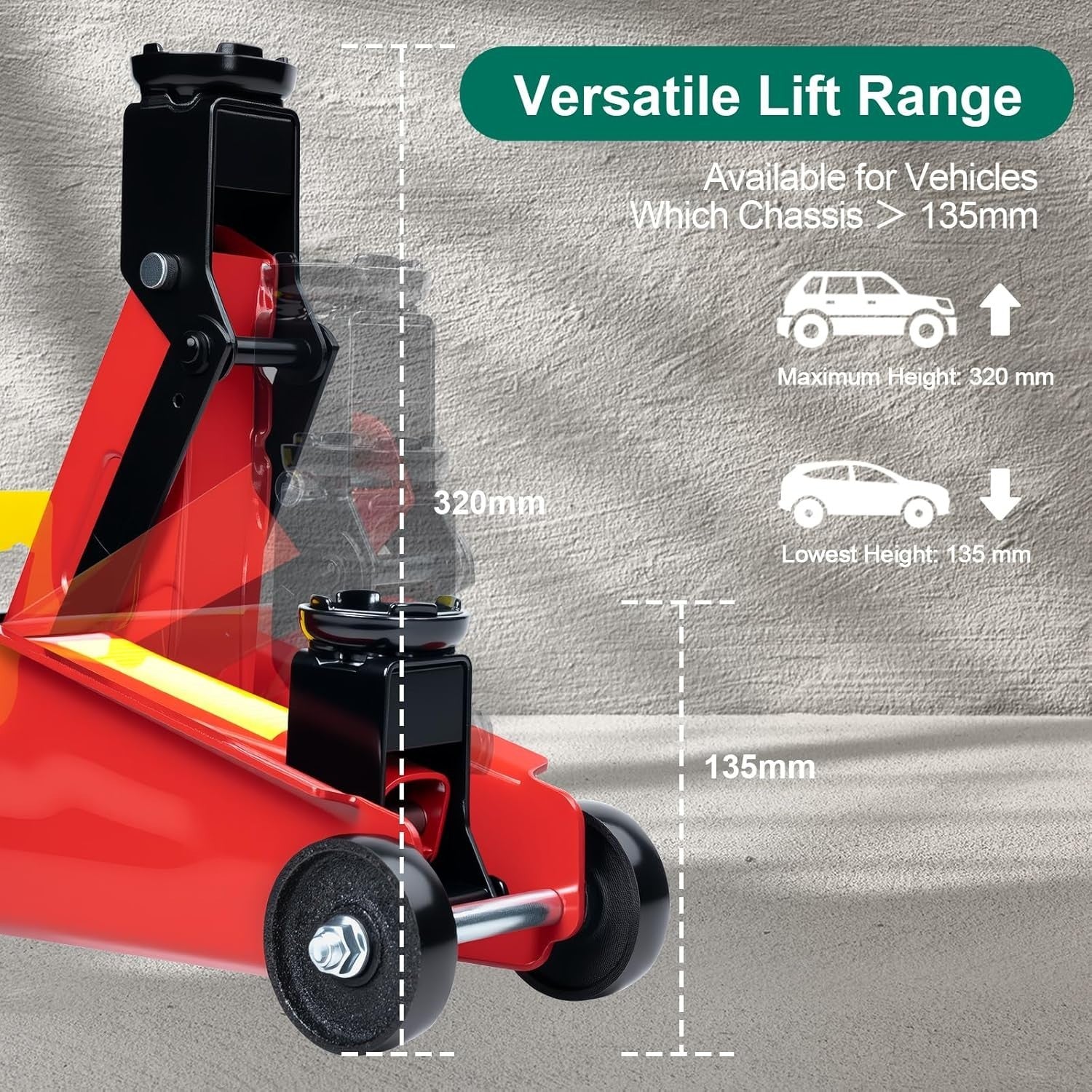 1.5 Ton Racing Trolley Jack Hydraulic Car Jack 135–320mm Lightweight Quick Lift