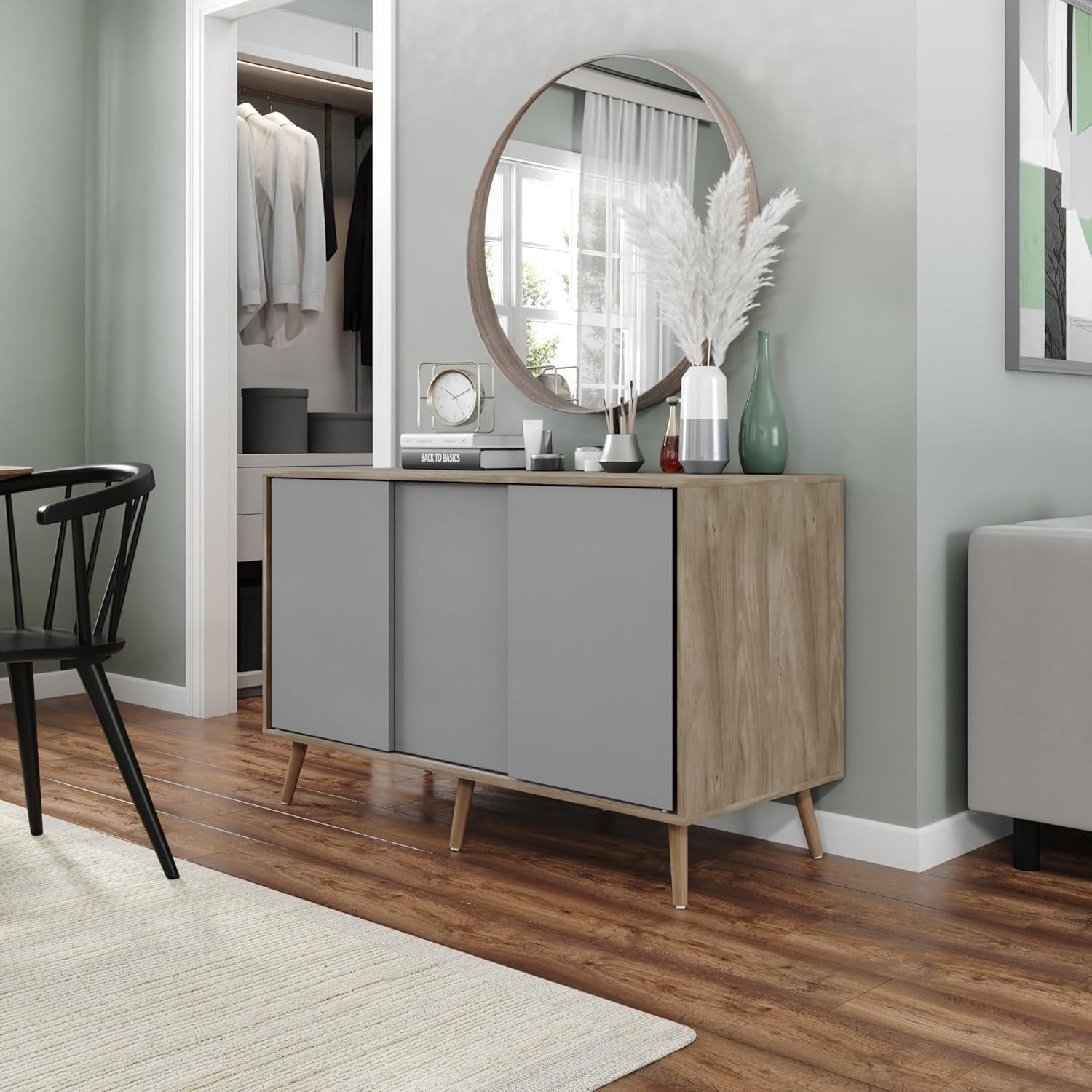 Wooden 3-Door Sliding Sideboard Cabinet with Legs Modern Storage Cupboard