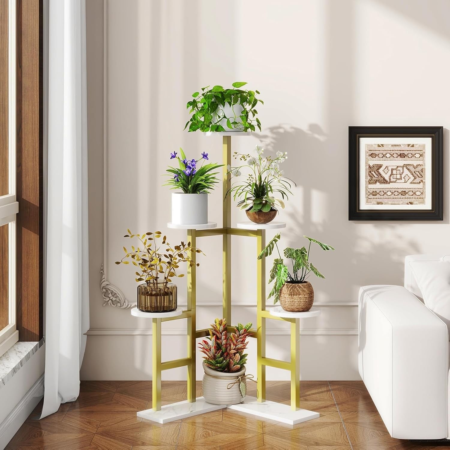 6 Tier Gold Metal Wood Plant Stand | Tall Indoor Corner Flower Pot Display Shelf