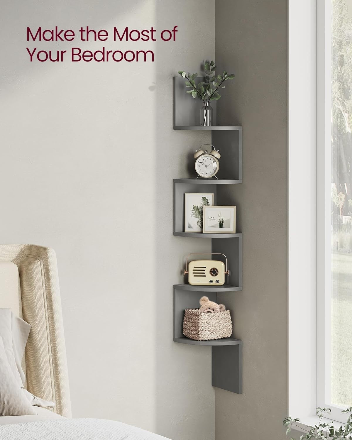 5 Tier Corner Wall Shelf Dove Grey Floating Zigzag Display Unit 126cm
