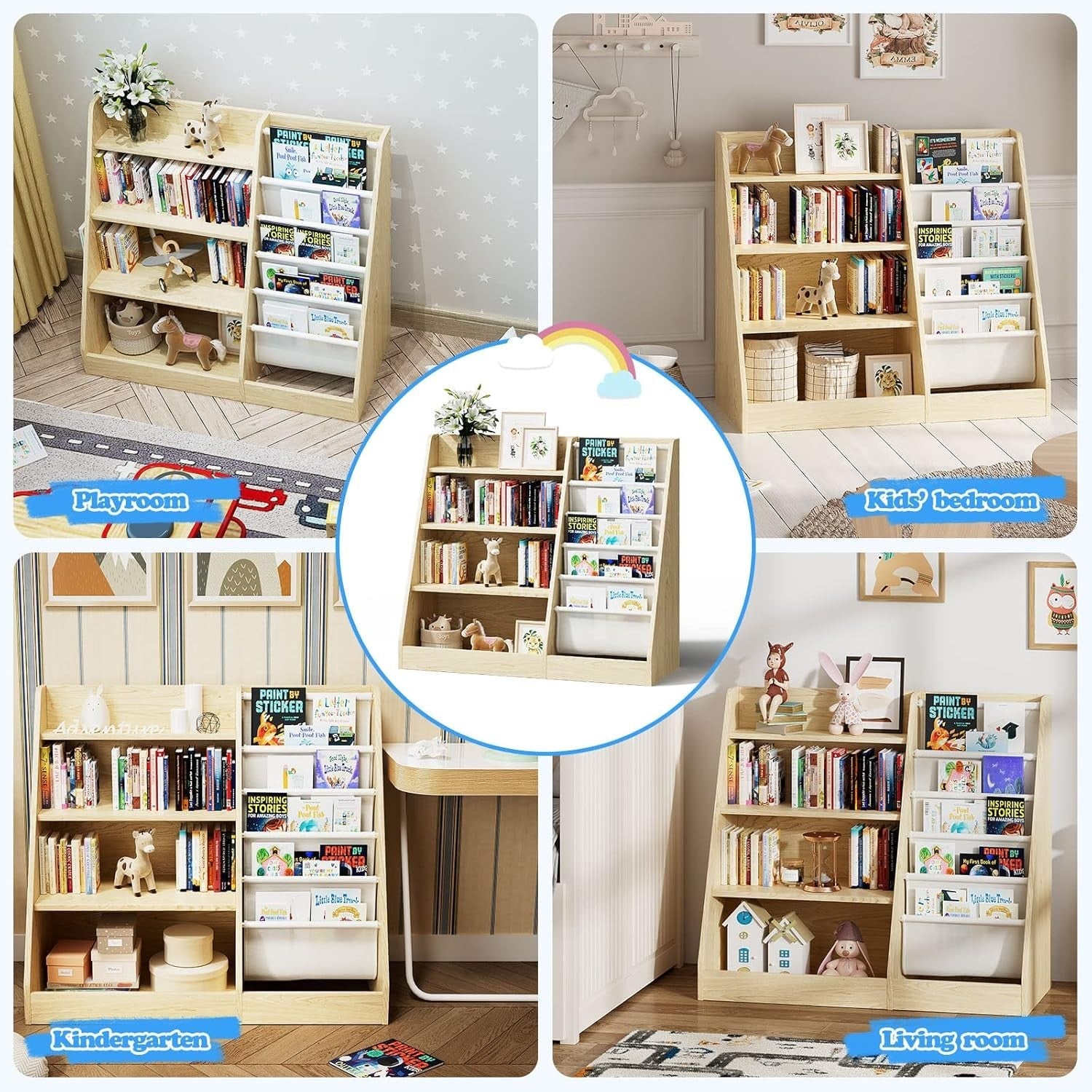 Kids Bookshelf 5 Tier Wooden Book Rack Toy Storage Organizer for Nursery Room