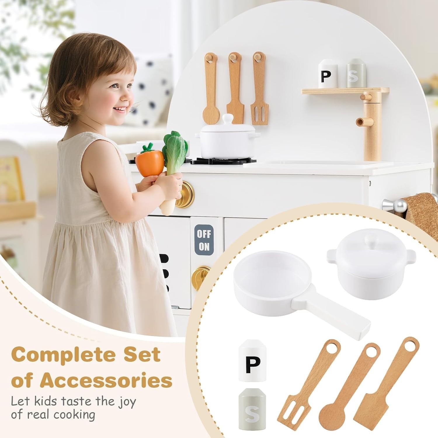 Kids Wooden Play Kitchen White Pretend Cooking Toy Set Accessories