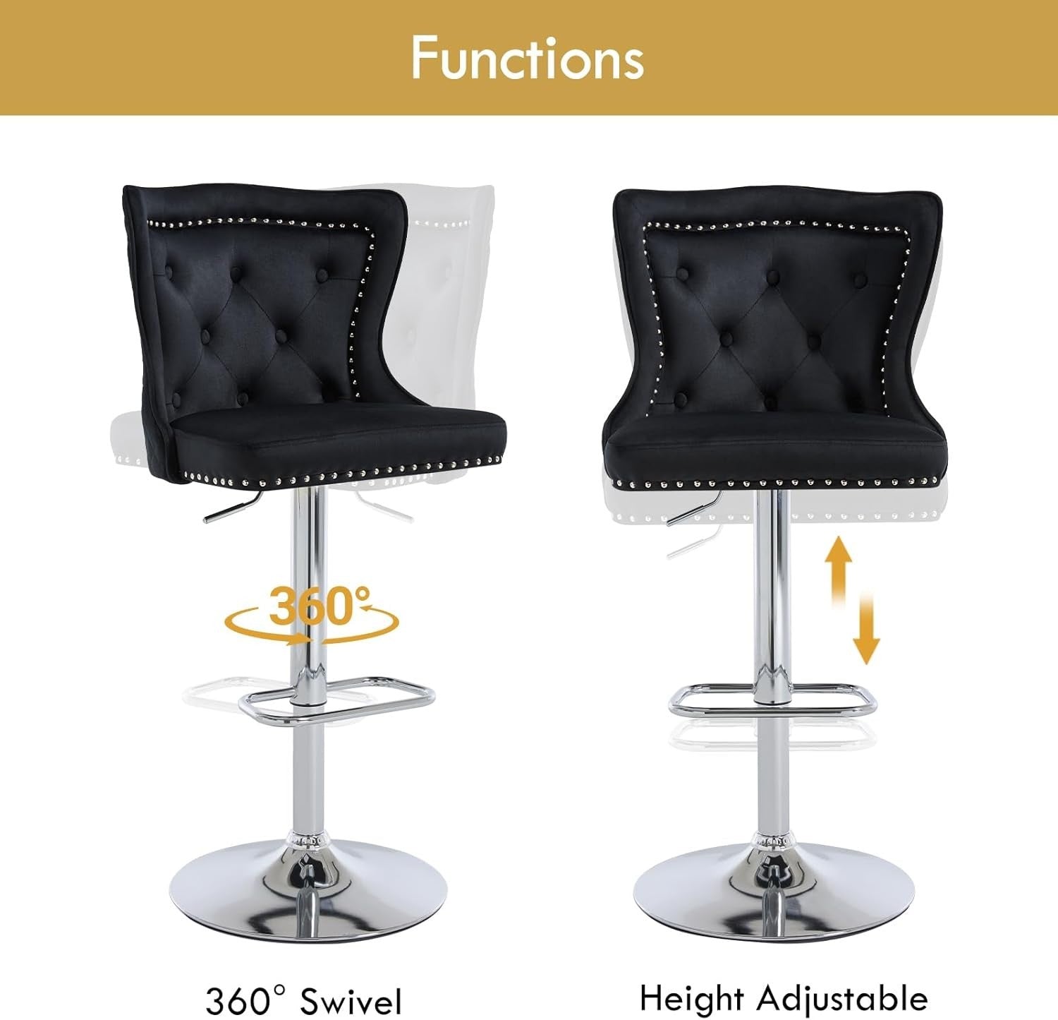 2 Black Velvet Lion Knocker Bar Stools Adjustable 360° Swivel Kitchen Chairs