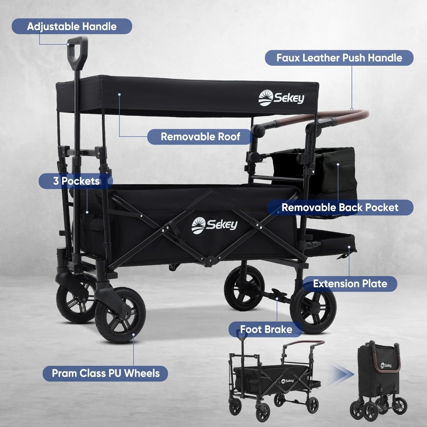 Black Kids Folding Wagon with Canopy Shockproof Wheels 100kg Family Transport