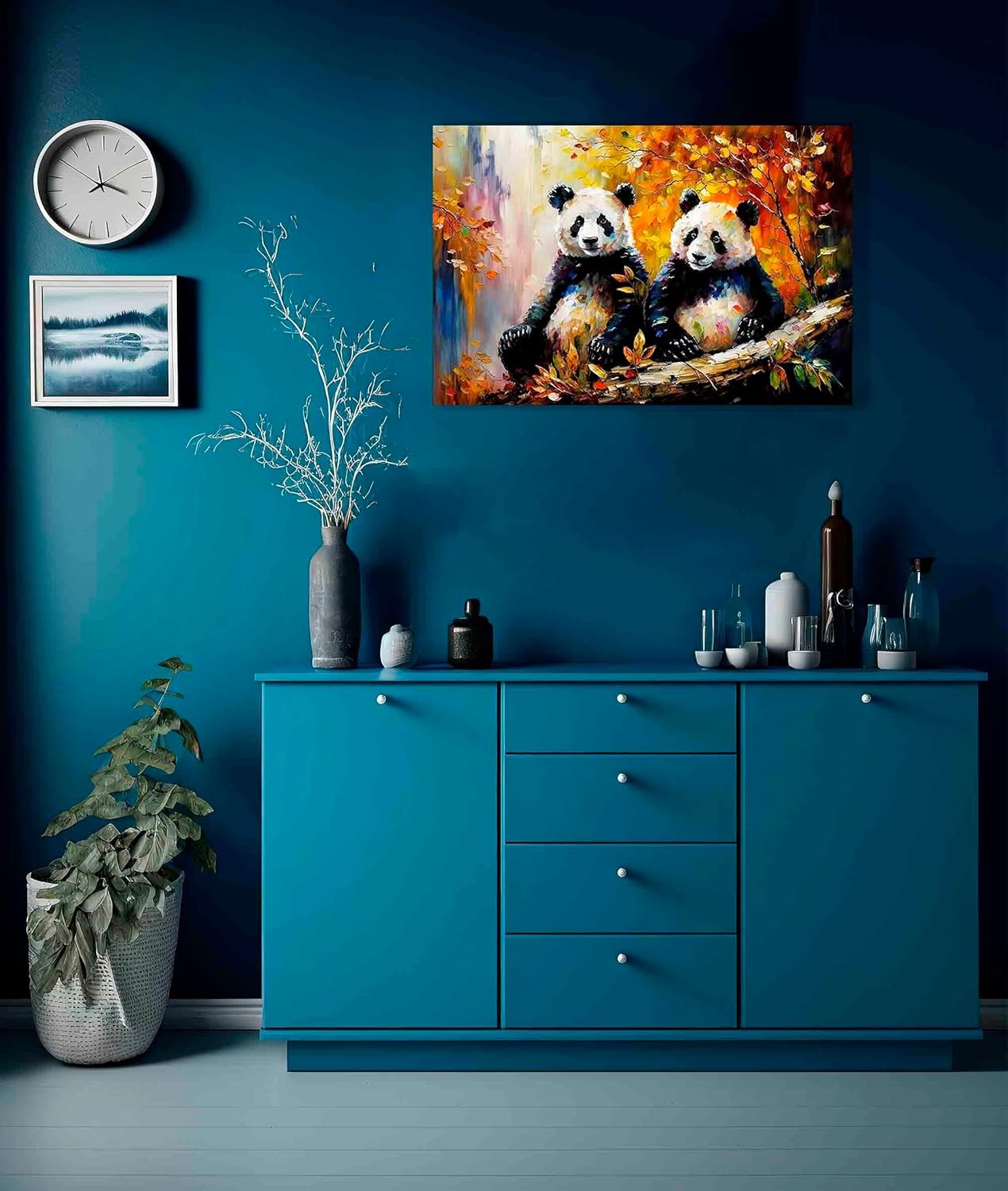 Pandas in Autumn Forest Framed Canvas Wall Art 20×14 in Wildlife