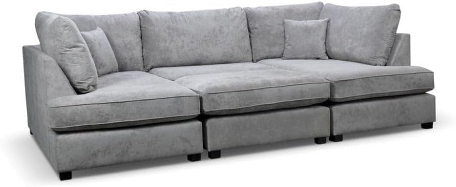 Grey U-Shaped Modular 5 Seater Sofa - Cinema Corner Settee + Footstool