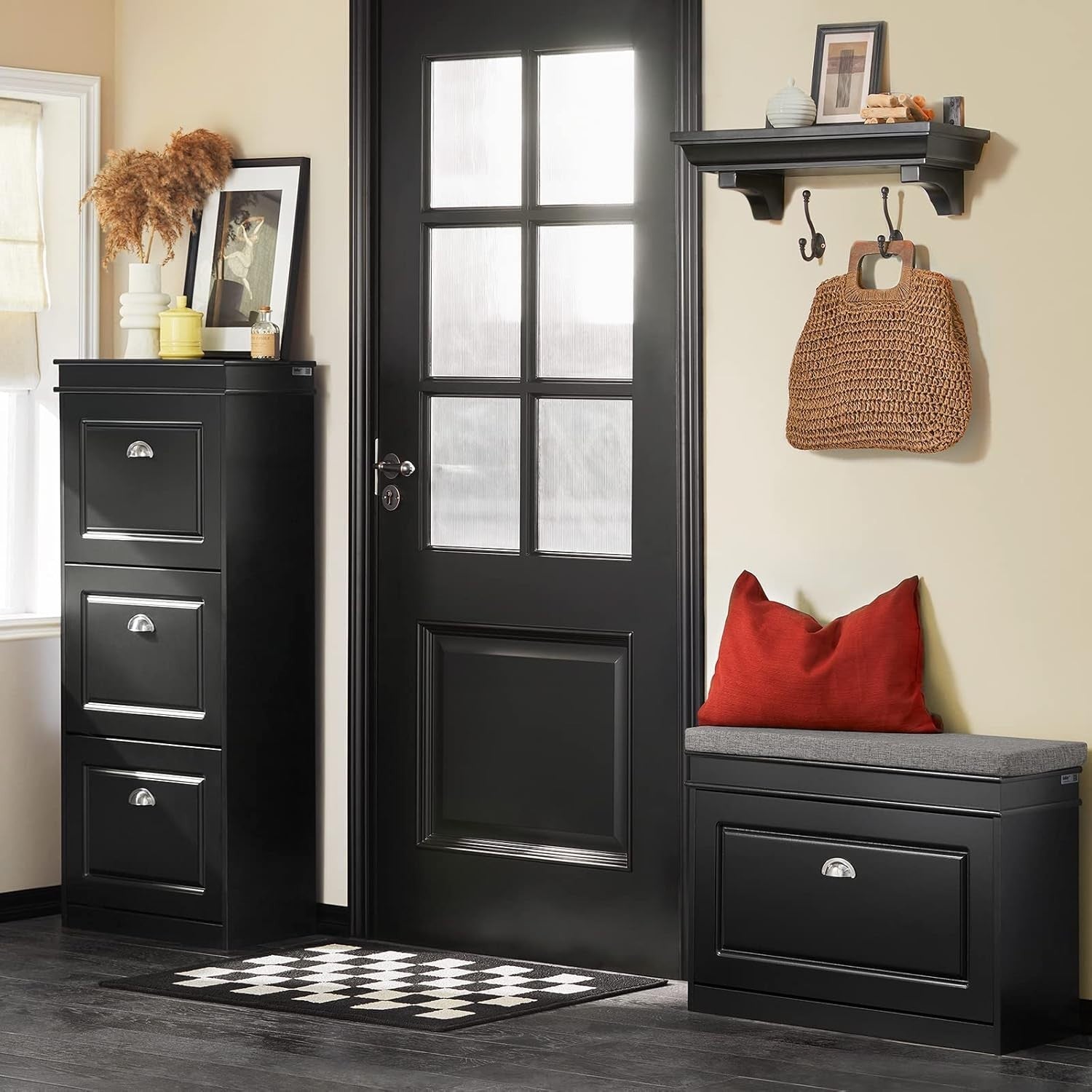 Compact Shoe Storage Bench with Cushion & Flip Drawer, 2-Tier Rack, 150kg Load